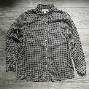 Real Clothes Black Cream 100% Silk Long Sleeve Diamond Print Button Up Size S